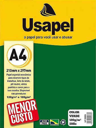 Papel A4 Color Usapel Verde 180g Pacote com 50 Folhas