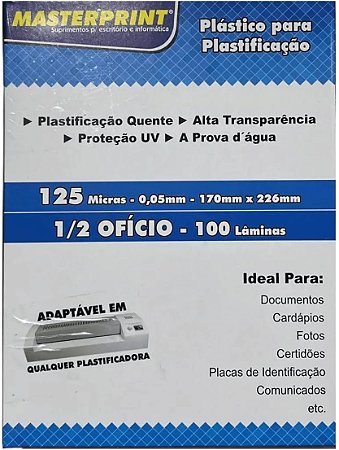 Polaseal Plástico para Plastificação 1/2 Ofício 2 Masterprint com 100 unidades