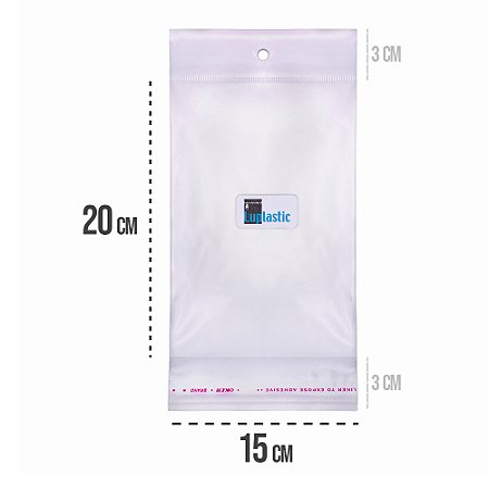 Saco Adesivado 15x20 com Solapa e Furo Para Pendurar Plástico BOPP Transparente