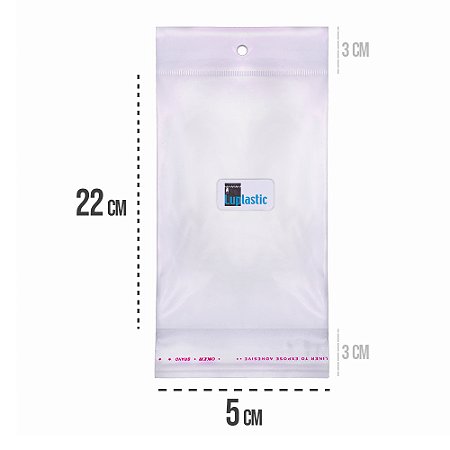 Saco Adesivado 5x22 com Solapa e Furo Para Pendurar Plástico BOPP Transparente