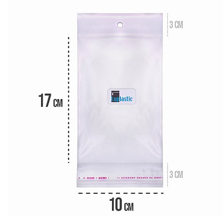 Saco Adesivado 10x17 com Solapa e Furo Para Pendurar Plástico BOPP Transparente