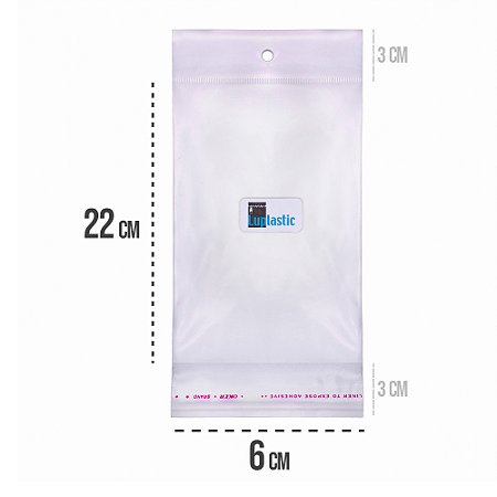 Saco Adesivado 6x22 com Solapa e Furo Para Pendurar Plástico BOPP Transparente