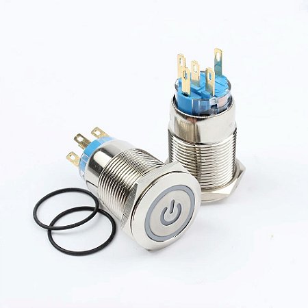 Botão Pulso 19mm LED Branco 12/24v Sem Trava Símbolo POWER