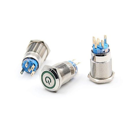 Botão Liga Desliga 19mm LED Verde 12/24v Com Trava Símbolo POWER