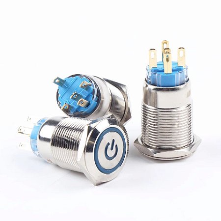 Botão Pulso 19mm LED Azul 12/24v Sem Trava Símbolo POWER
