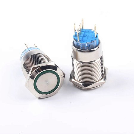 Botão Pulso 19mm LED Verde 12/24v Sem Trava Símbolo RING