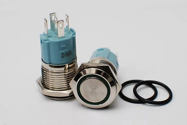Botão Liga Desliga 16mm LED Verde 12/24v Com Trava ( Retenção ) Símbolo RING