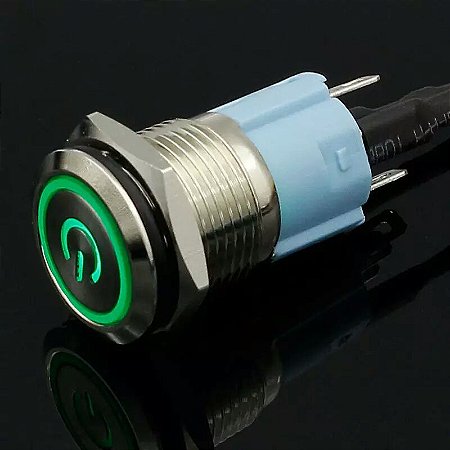 Botão Liga Desliga 16mm LED Verde 12/24v Com Trava ( Retenção ) Símbolo POWER