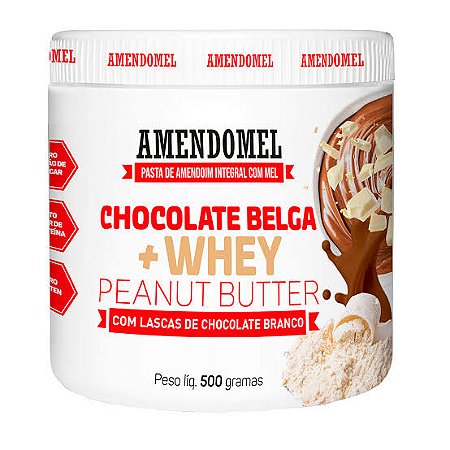 Pasta de Amendoim Amendomel Chocolate Belga + Whey com Lascas de Chocolate Branco 500 gramas