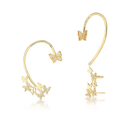 Brinco ear cuff 2 em 1 borboletas cravejadas ANTIALÉRGICO