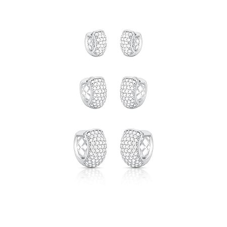 Trio de argolas largas e cravejadas ANTIALÉRGICAS