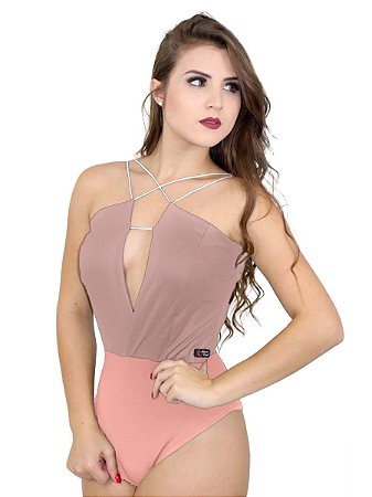 Body couro feminino com decote V alça fina