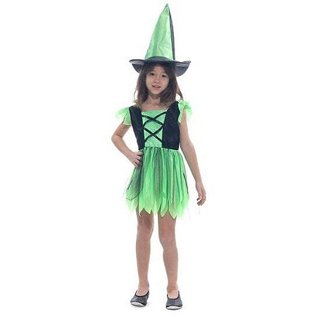Fantasia Bruxa Encantada Verde Basic Vestido Infantil com Chapéu - Halloween
