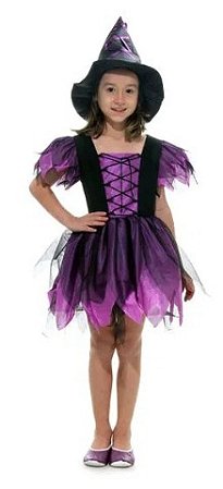 Fantasia Bruxa Encantada Roxa Luxo Vestido Infantil com Chapéu - Halloween