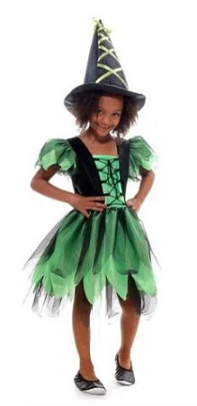 Fantasia Bruxa Encantada Verde Luxo Vestido Infantil com Chapéu - Halloween