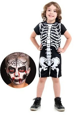 Fantasia Esqueleto Macacão curto com Maquiagem - Halloween