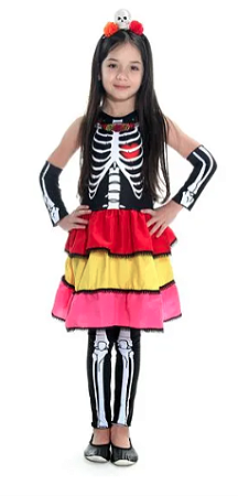Fantasia Caveira Mexicana Vestido Infantil com Tiara - Halloween