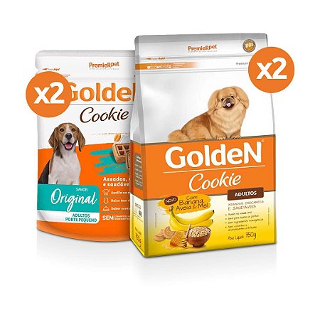 Cookie Golden para Cães Adultos Porte Pequeno 350gr kit com 4 unidades - Sabores ASSADOS E BANANA AVEIA E MEL