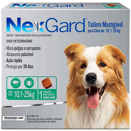 Antipulgas e Carrapatos NexGard - Para Cães de Raças Grandes de 10,1 a 25Kg - 1 Tablete