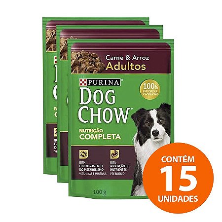 Ração Úmida Nestlé Purina Dog Chow Sachê de Carne e Arroz Para Cães Adultos 100g - Kit com 15 Unidades
