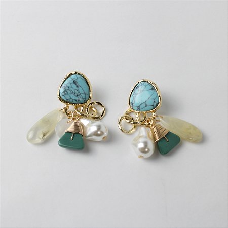 Brinco Metal Max com Pedra Turquesa e Pingentes