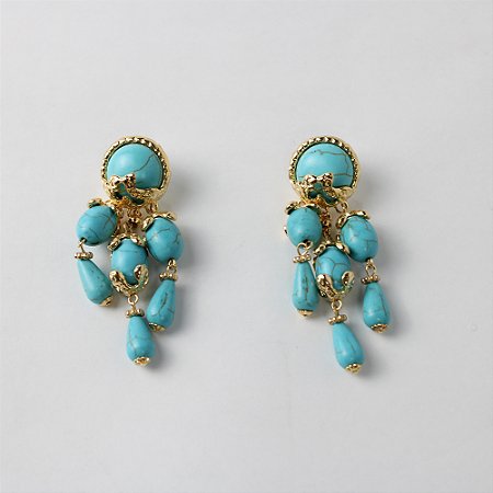 Brinco Metal Longo com Pedras Turquesa