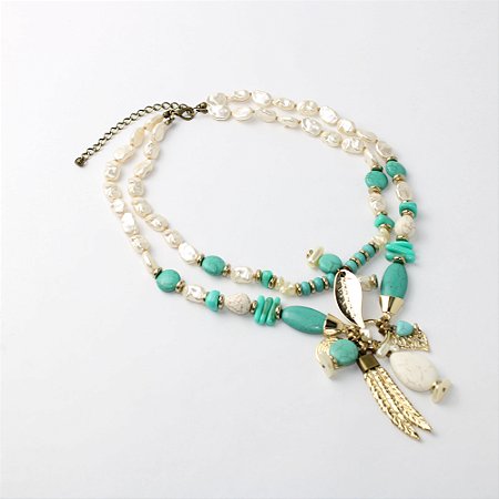 Colar 2 Voltas Pérola com Turquesa e Pingentes