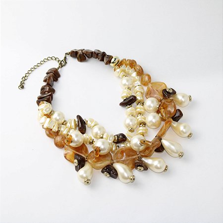 Colar Metal 3 Voltas Pérola e Âmbar