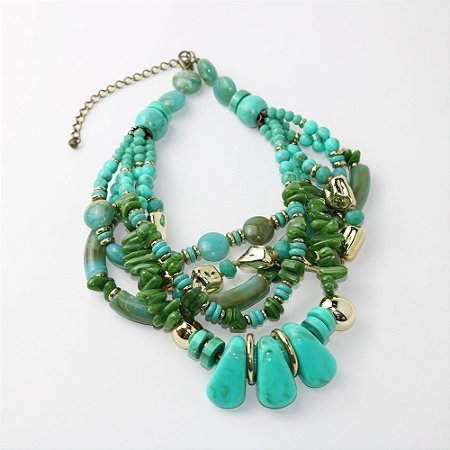 Colar Metal Curto com Pedras Turquesa e Verde