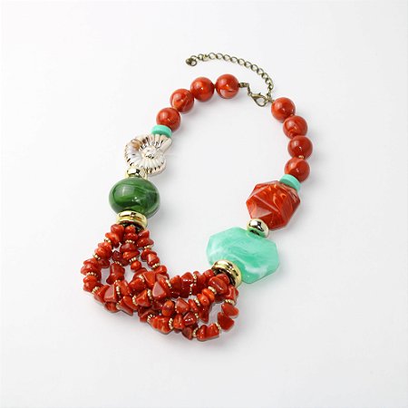 Colar Metal Curto Verde e Coral