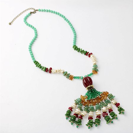 Colar Metal Folhas Pérola e Dourado