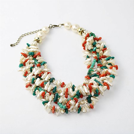 Colar Metal Voltas Pérola Colorido