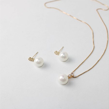 Conjunto Colar e Brincos com Pérola e Zircônias