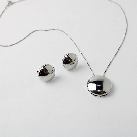 Conjunto Colar e Brincos Redondo Liso em Metal