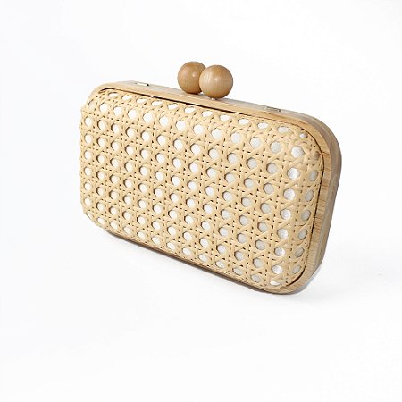 Bolsa Clutch de Palha Rattan com Fecho de Madeira