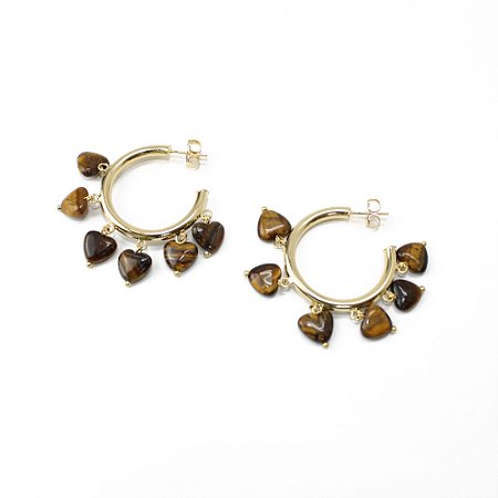 Brinco Argola Dourada com Pingentes de Coração Olho de Tigre