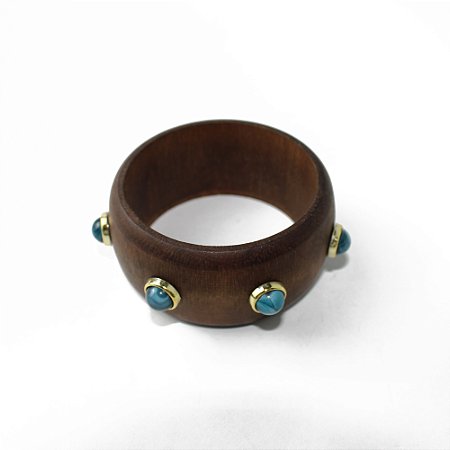 Pulseira Bracelete de Madeira com Detalhes Dourado e Azul