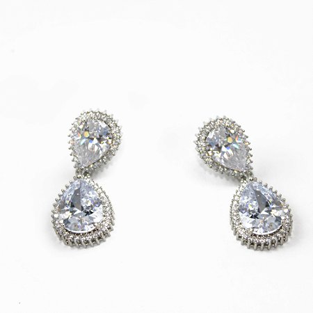 Brinco de Metal Prateado com Zircônia Gota Halo Cristal