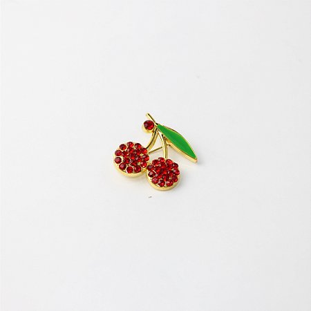 Broche de Metal Cereja com Cristais e Esmaltado