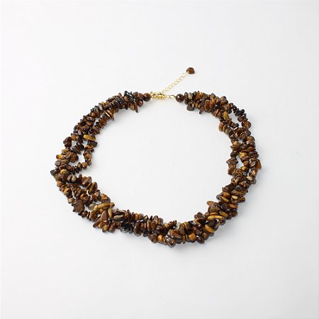 Colar de Pedras Cascalho com Três Voltas e Ajuste Dourado