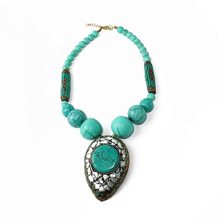 Maxi Colar de Metal Turquesa com Pingente Étnico