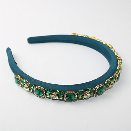 Tiara Arco de Cabelo Metal com Cristais Verdes e Transparentes
