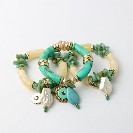 Kit Pulseira de Resina Turquesa e Marfim com Pingentes