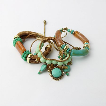 Kit Pulseira de Resina Turquesa e Âmbar com Pingentes