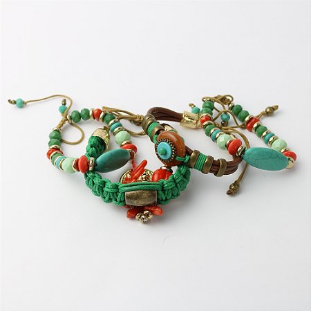 Kit Pulseira Metal e Cordão Boho Chic 4 Peças