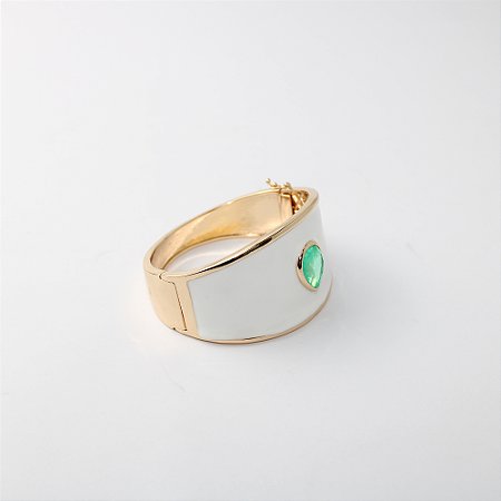 Bracelete de Metal Largo com Madrepérola e Pedra Central Verde