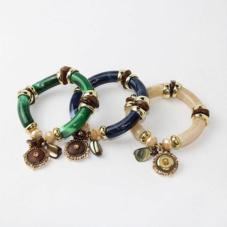 Kit 3 Pulseiras de Metal e Resina com Pingentes e Cristais