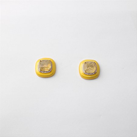 Brinco de Metal Quadrado com Zircônias e Cristal Citrino