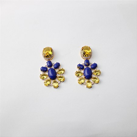 Brinco Maxi de Metal com Zircônias e Pedras Azul e Amarelo