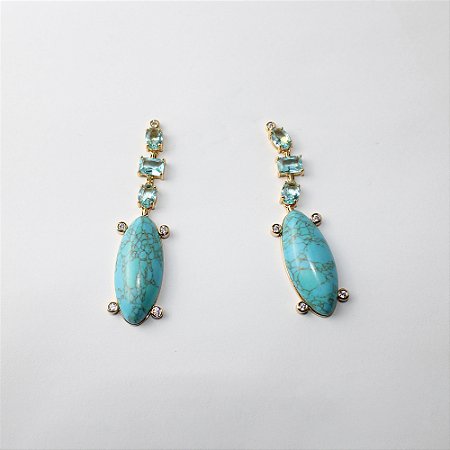 Brinco de Metal Longo com Pedras Turquesa e Cristais